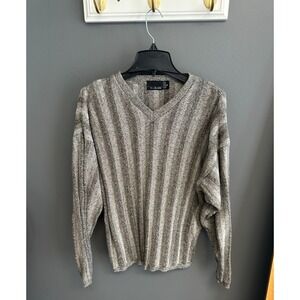 Vintage Bill Blass Sweater Mens XL Gray Striped USA 90s Fisherman VNeck Grandpa